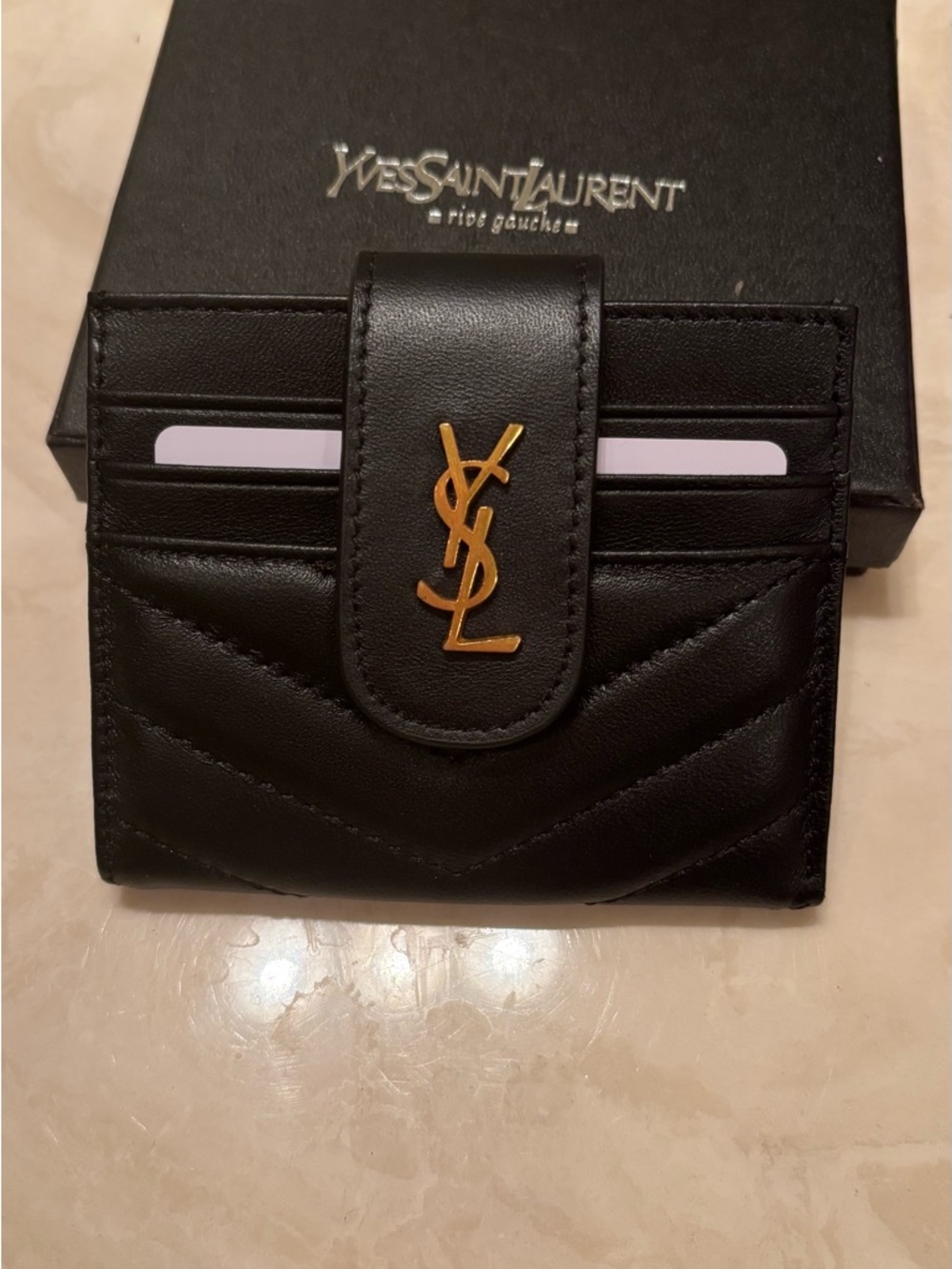 Yves Saint Laurent Black Leather Quilted Card Wallet with Gold YSL Logo